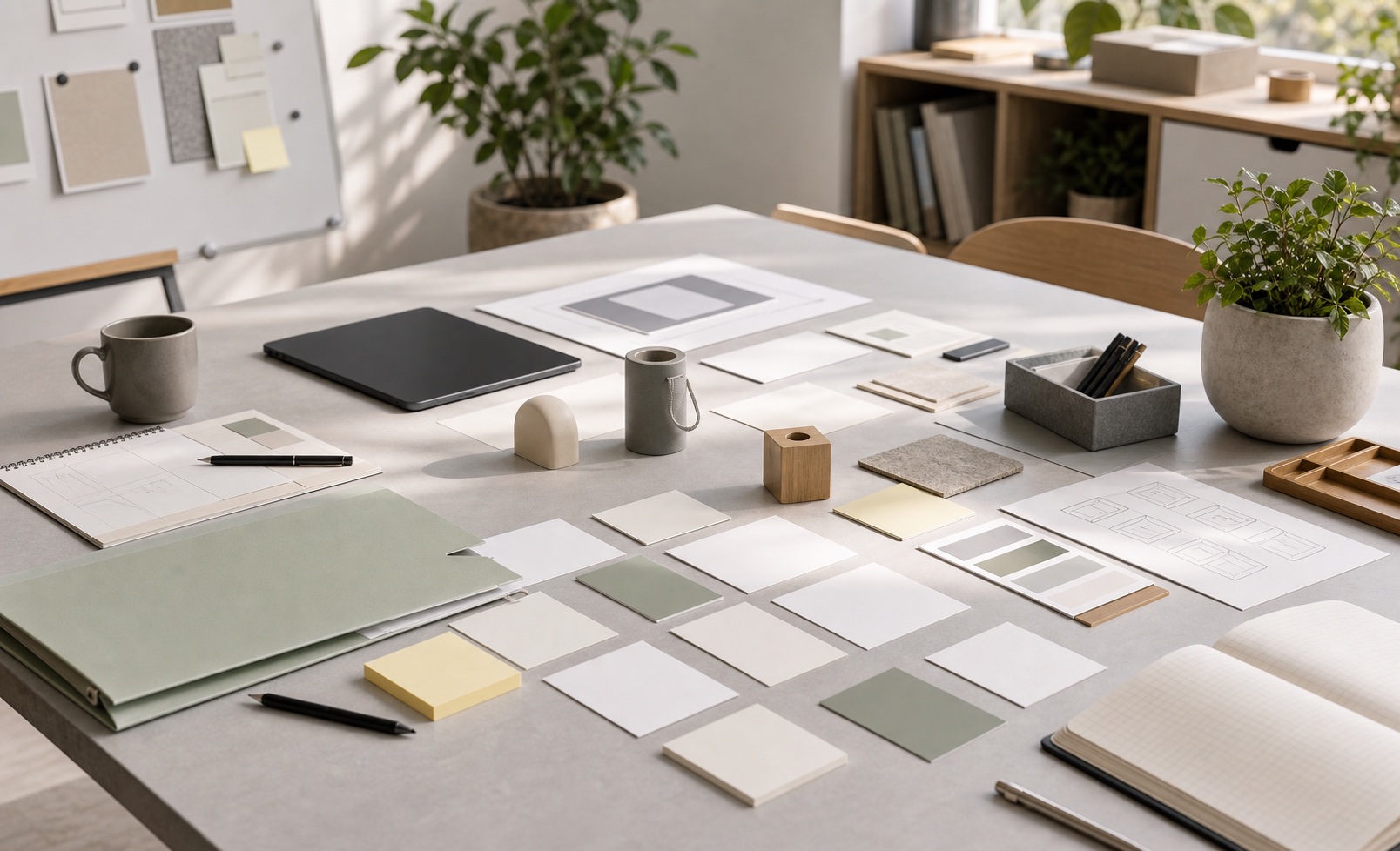 Light startup planning table with prototype materials